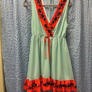 Embroidered V-Neck Dress with Orange and Navy Accents